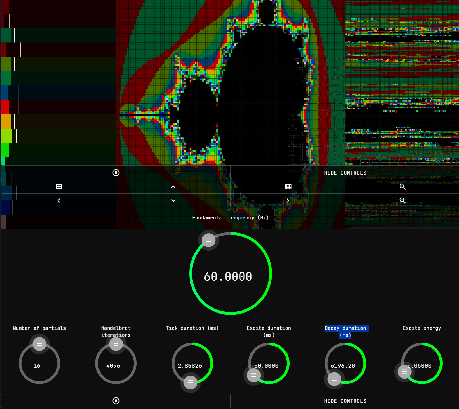 Mandelbrot Muse fractal audio interface with colorful pixel bands and circular synth controls